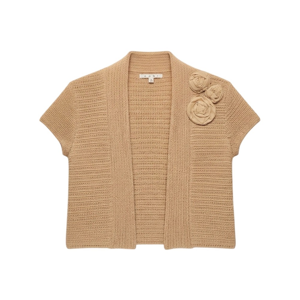 Cabi Cardigan Sweater Women S Tan Rosette Short Sleeve Open Front Knit 294